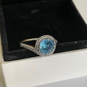 Authentic Pandora Silver Radiant Embellishment Blue CZ Ring, size 5